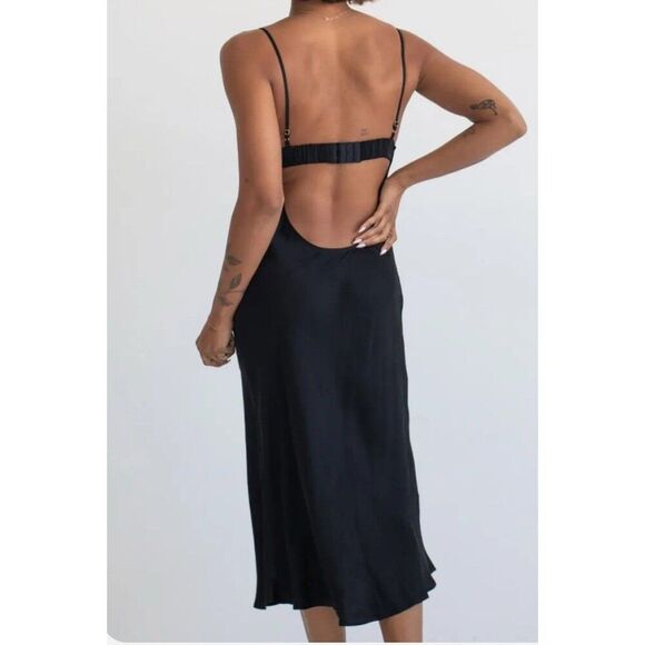 Rumored NWT Women Negroni Black Bamboo Printed Satin Slip Dress Elegant Medium - Picture 3 of 12